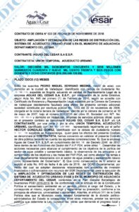 Primer contrato realizado por Aguas del Cesar el 28 de noviembre del 2018.